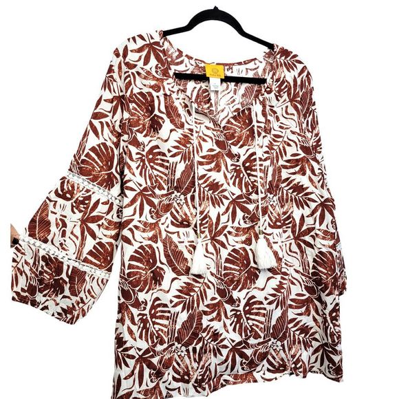 Ruby Rd Meet Me in Tahiti Linen Blend Printed Rust Tassel Blouse L - Picture 4 of 7